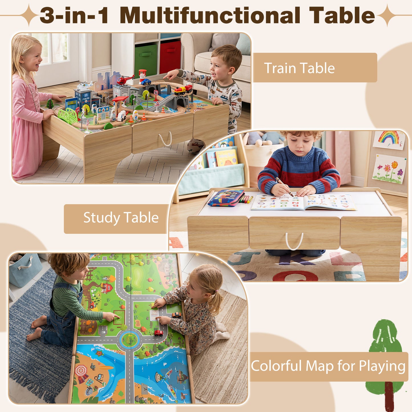 110-Piece Natural Wooden Train Table | 3-in-1 Play Set for Toddlers