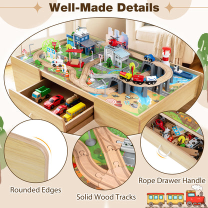 110-Piece Natural Wooden Train Table | 3-in-1 Play Set for Toddlers