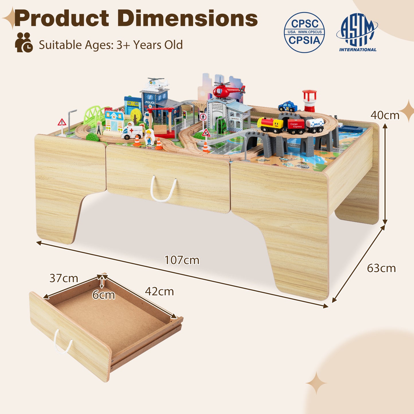 110-Piece Natural Wooden Train Table | 3-in-1 Play Set for Toddlers
