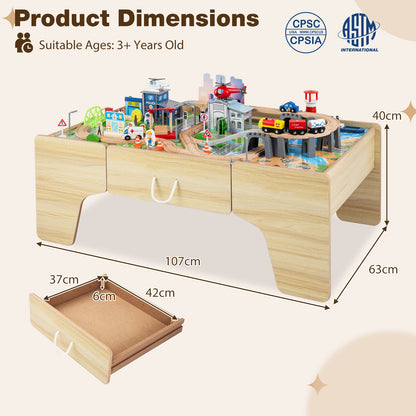 110-Piece Natural Wooden Train Table | 3-in-1 Play Set for Toddlers
