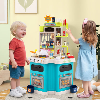 113 Pieces Kids Kitchen Playset Corner Play Kitchen with Realistic Sounds and Lights-Blue