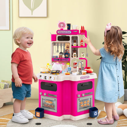 113 Pieces Kids Kitchen Playset Corner Play Kitchen with Realistic Sounds and Lights-Pink
