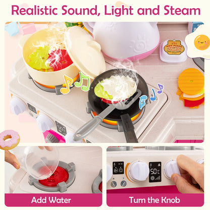 113 Piece Pink Corner Kitchen Playset | Lights & Sounds & Steam
