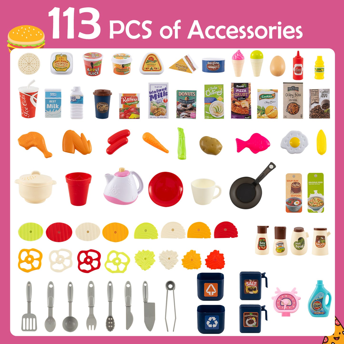 113 Piece Pink Corner Kitchen Playset | Lights & Sounds & Steam