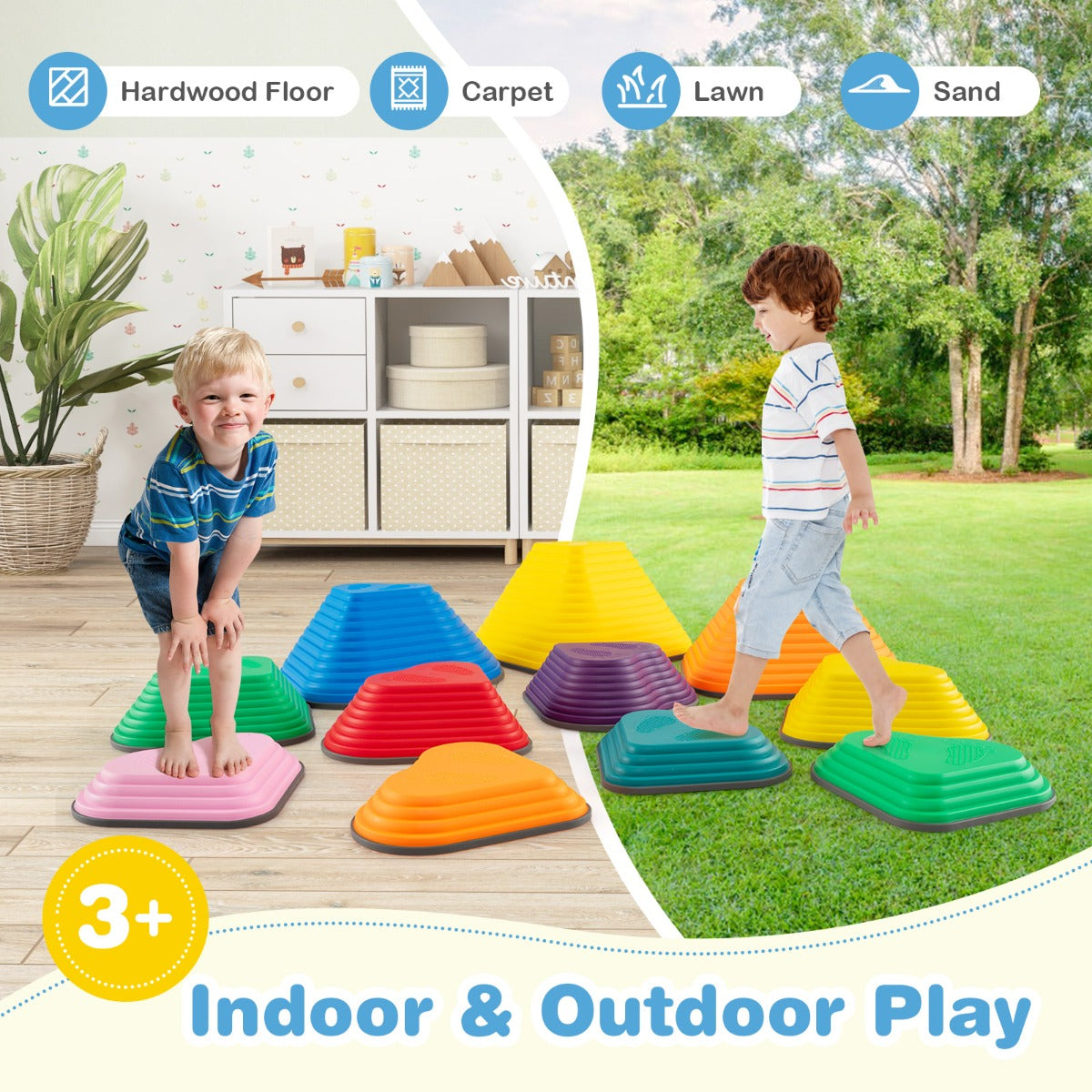 Indoor Outdoor Balance Stepping Stones | 11 Colorful Pieces
