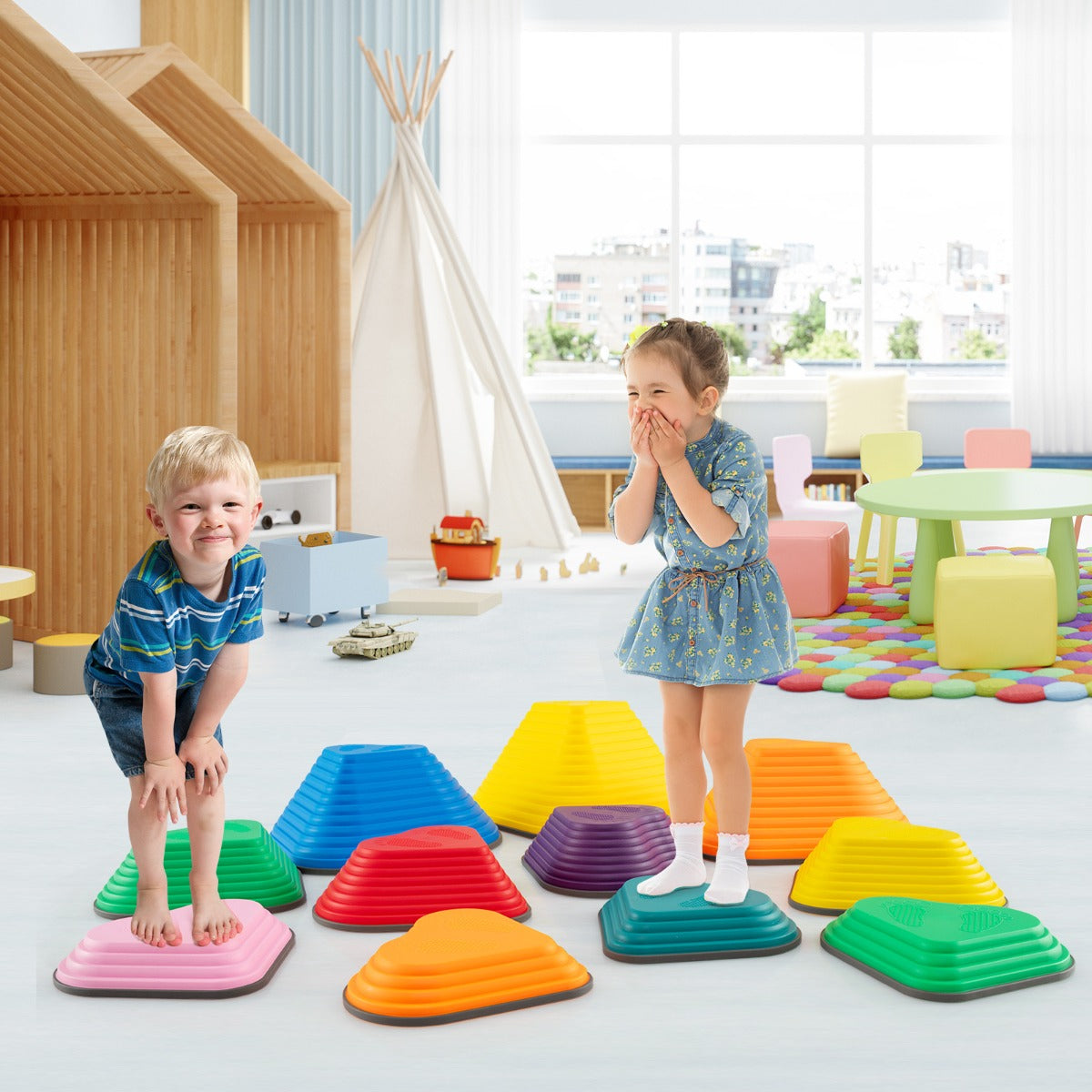 Costway 11 Pieces Indoor and Outdoor Balance Stepping Stones for Kids-Colourful