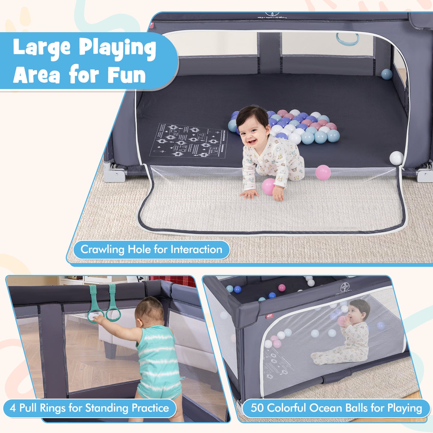 Large Light Grey Baby Playpen 127cm | Balls Rings Zip Door