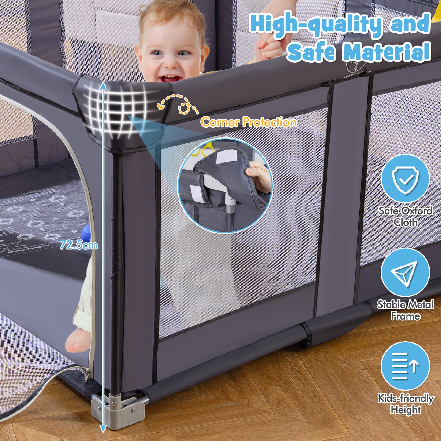 Large Light Grey Baby Playpen 127cm | Balls Rings Zip Door