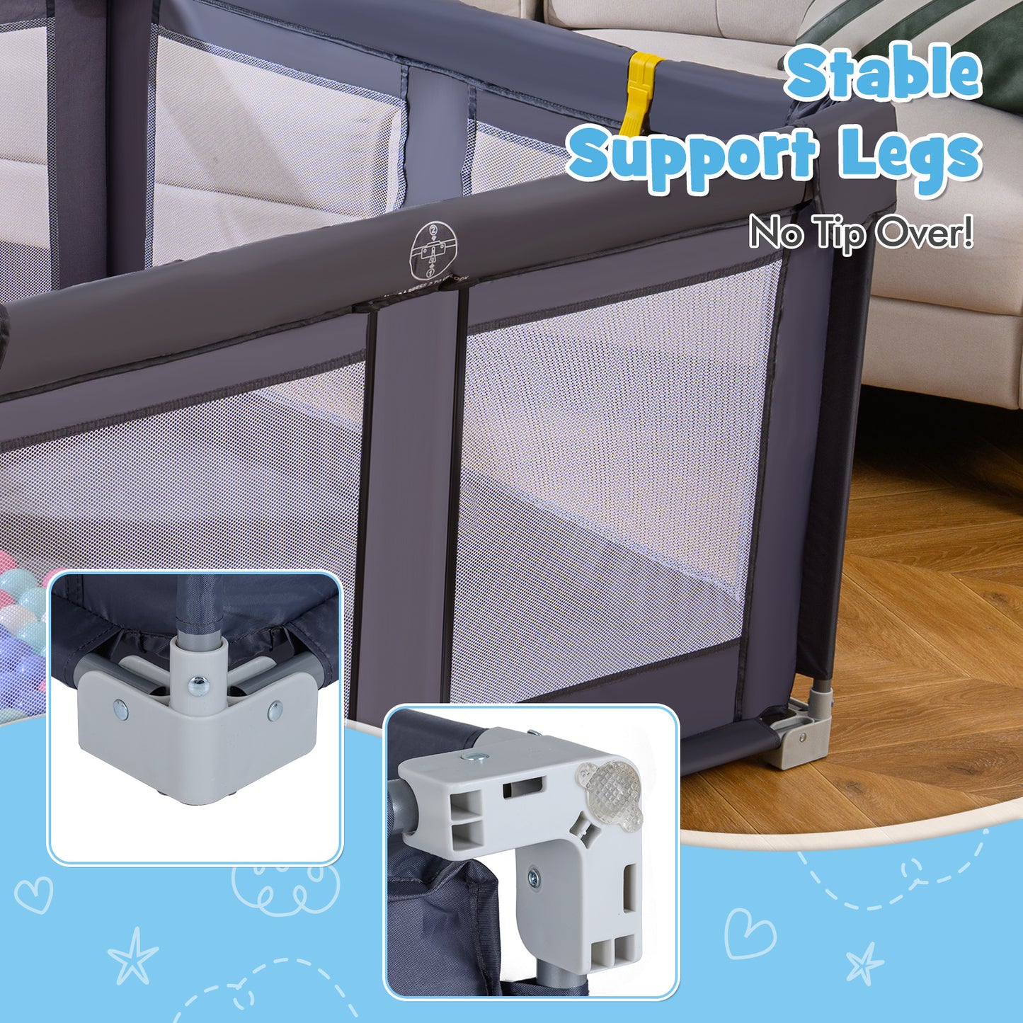 Large Light Grey Baby Playpen 127cm | Balls Rings Zip Door
