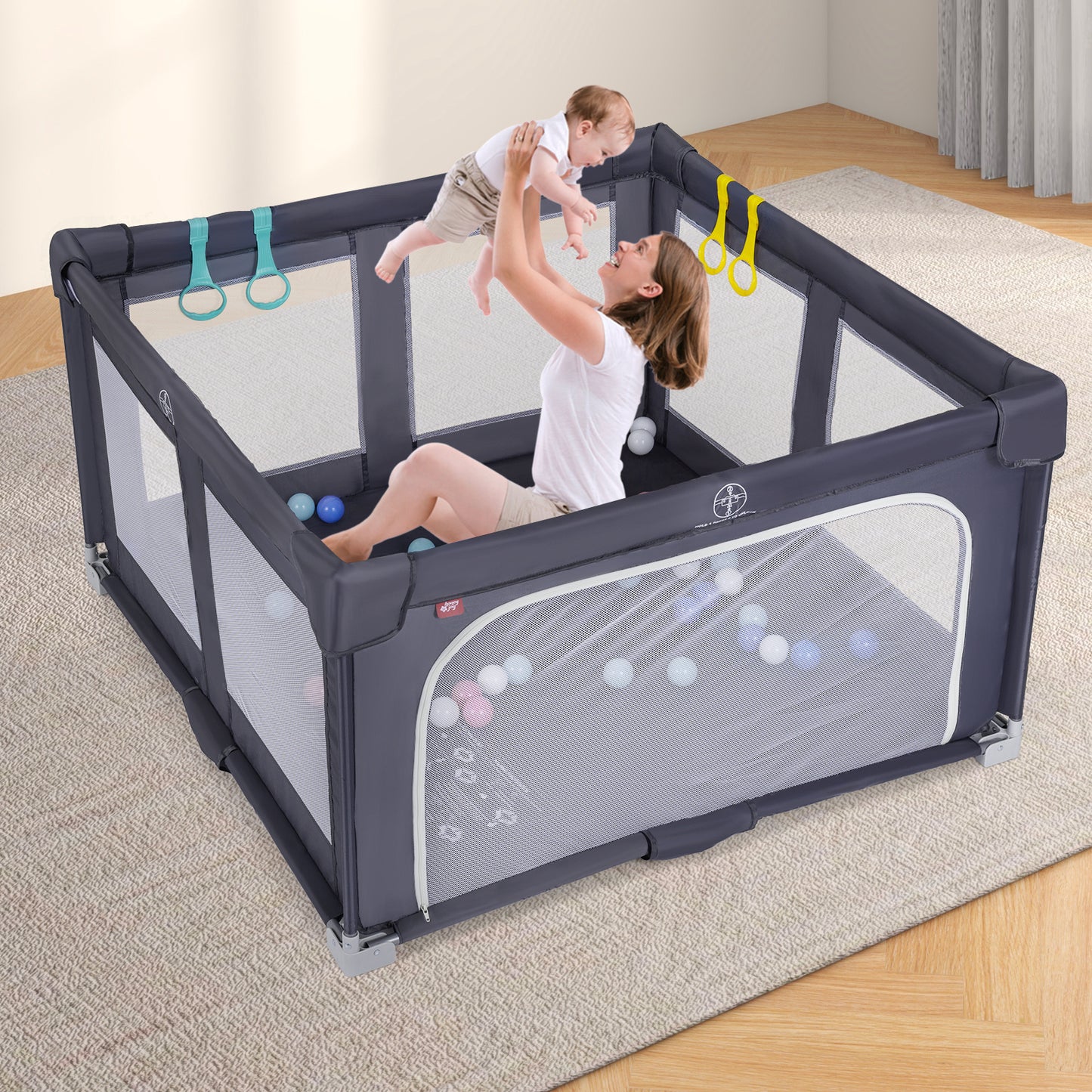 Costway 127cm x 127cm Large Baby Playpen with Zipper Gate-Light Grey