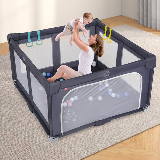 Costway 127cm x 127cm Large Baby Playpen with Zipper Gate-Light Grey