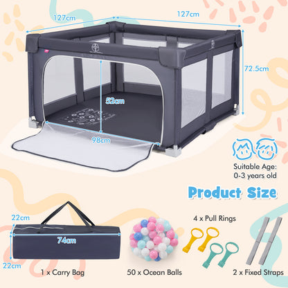 Large Light Grey Baby Playpen 127cm | Balls Rings Zip Door