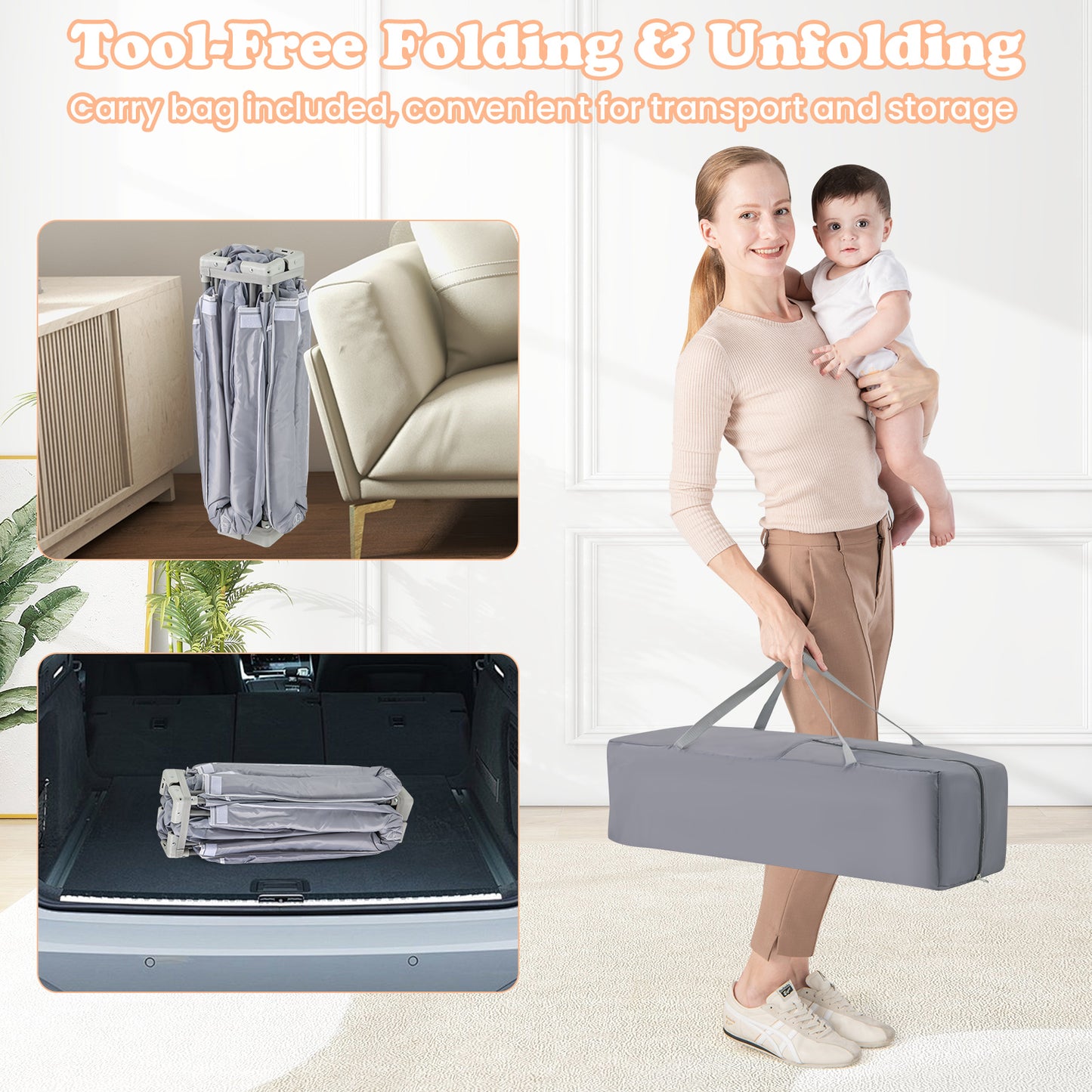 127cm Large Baby Playpen | Zipper Gate Dark Grey Foldable