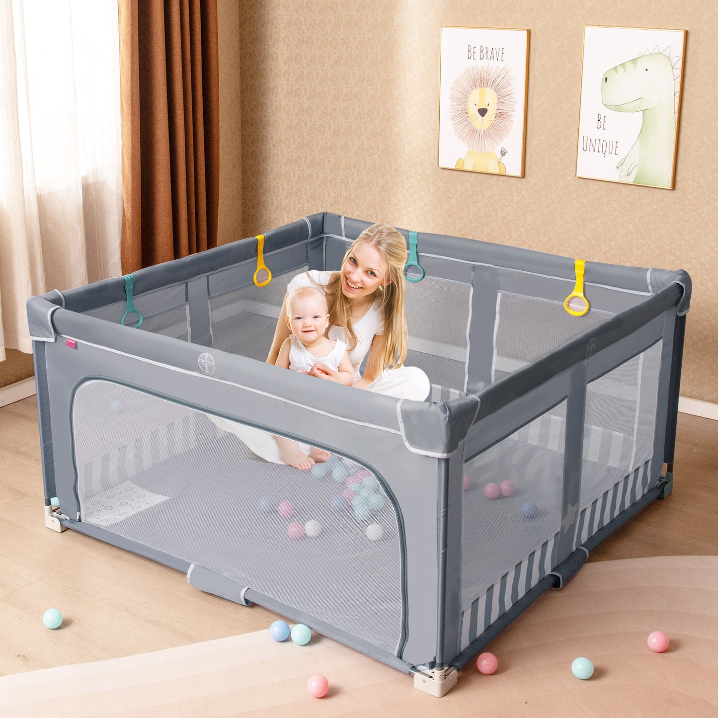 127cm Large Baby Playpen | Zipper Gate Dark Grey Foldable