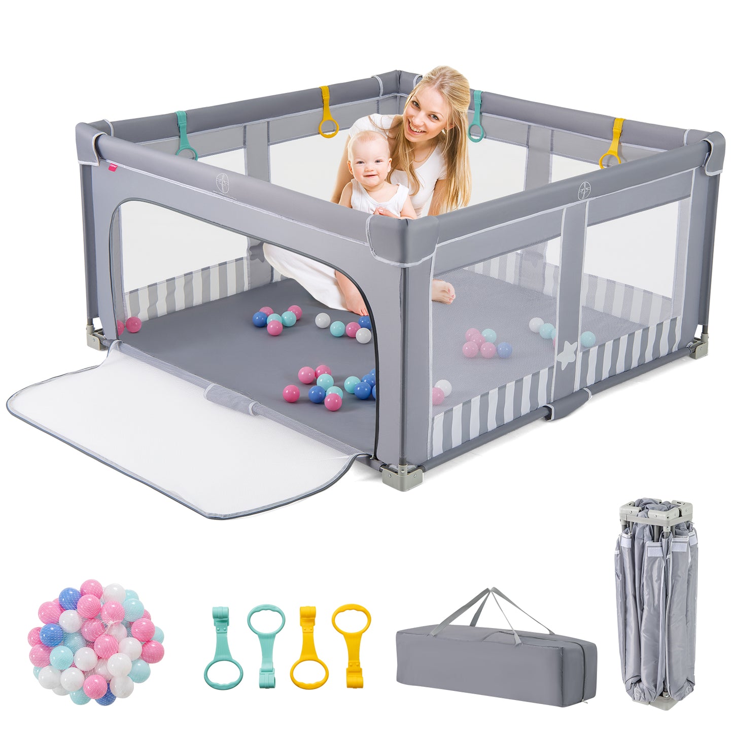 127cm Large Baby Playpen | Zipper Gate Dark Grey Foldable