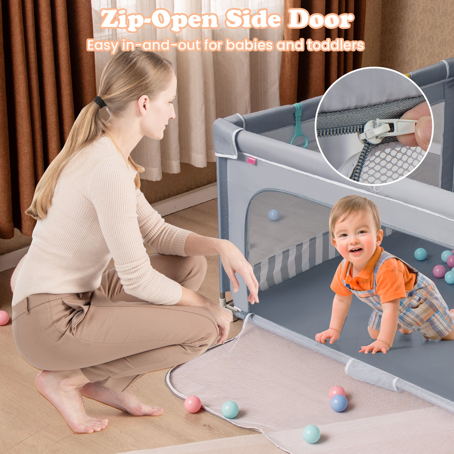 127cm Large Baby Playpen | Zipper Gate Dark Grey Foldable