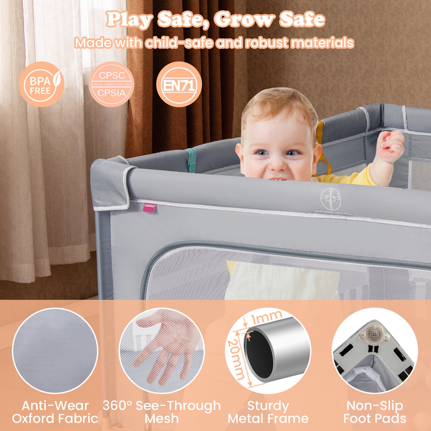 127cm Large Baby Playpen | Zipper Gate Dark Grey Foldable