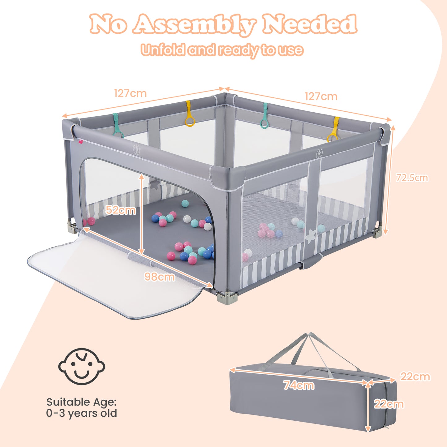 127cm Large Baby Playpen | Zipper Gate Dark Grey Foldable