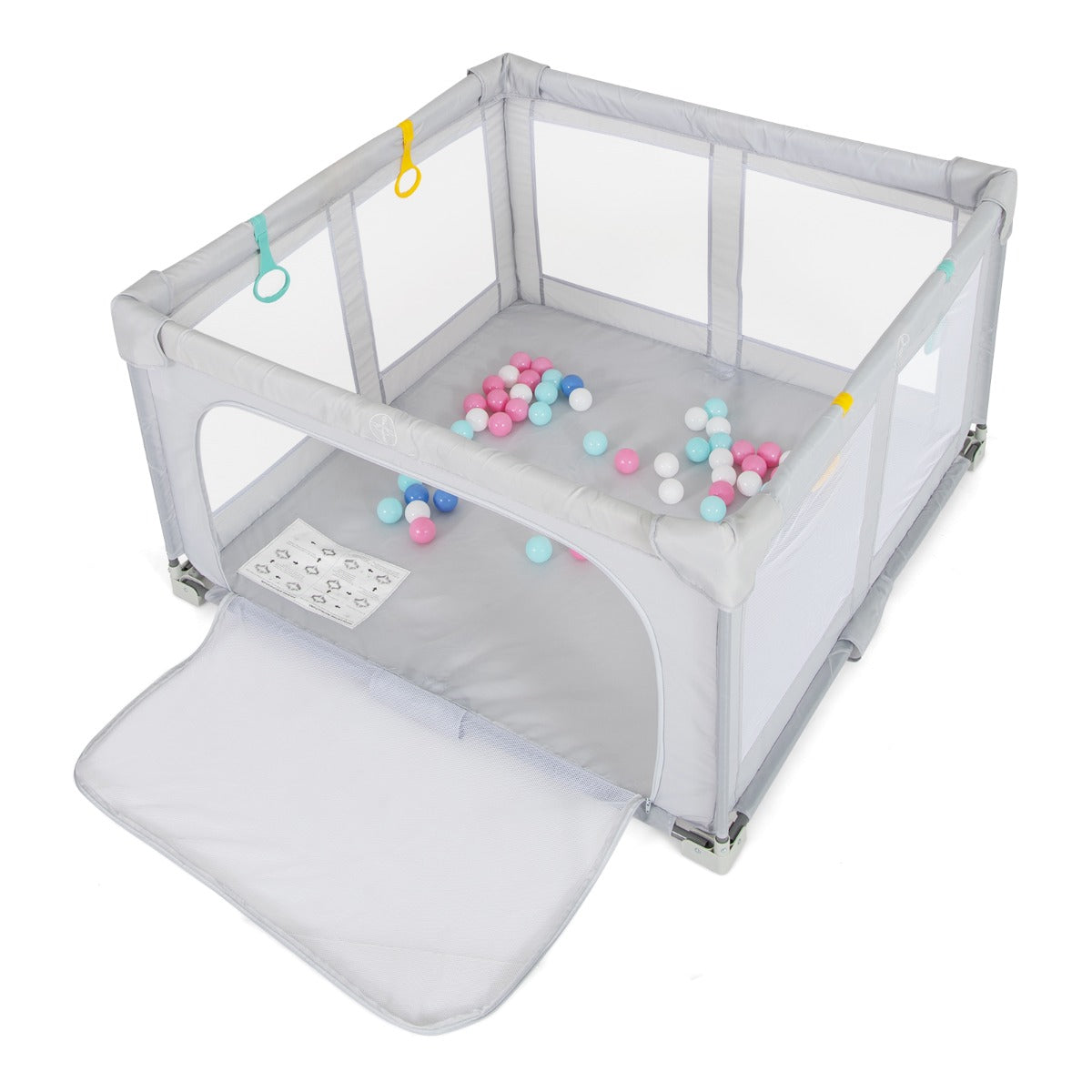 Spacious grey mesh playpen provides a safe, enclosed play area for babies with 127cm diameter.