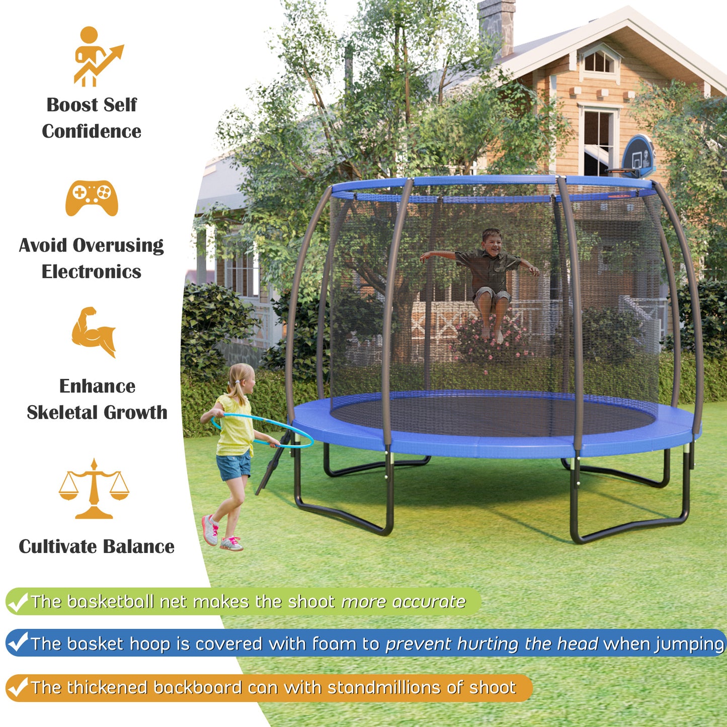 12 Ft Blue Trampoline | Basketball Hoop & Enclosure Net