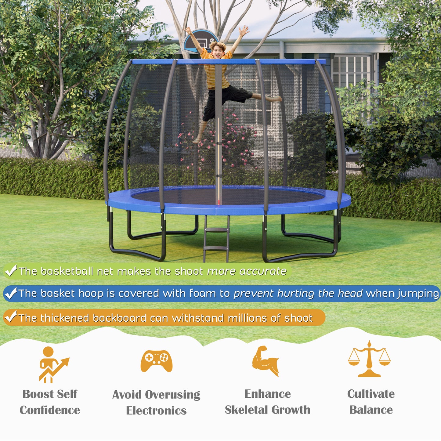 12 Ft Blue Trampoline | Basketball Hoop & Enclosure Net