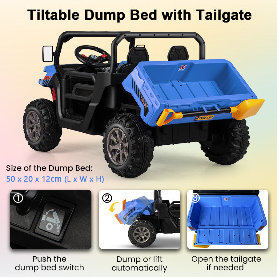 Blue 12V 2-Seater Kids Ride On Dump Truck With Shovel | RC