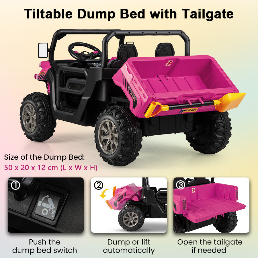 Pink 12V 2-Seater Kids Ride On Dump Truck With Shovel | RC