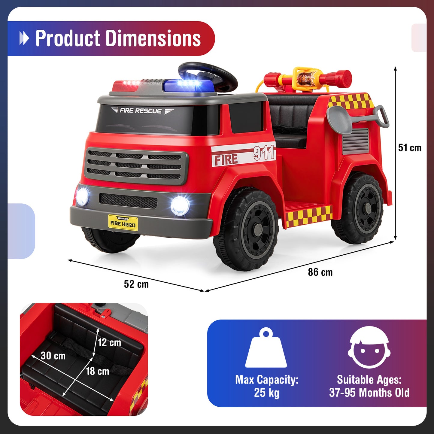 Red 12V Kids Ride On Fire Truck | Remote Control & Water Gun