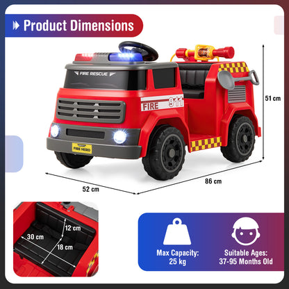 Red 12V Kids Ride On Fire Truck | Remote Control & Water Gun