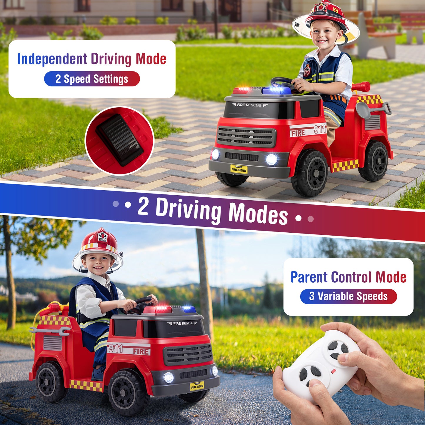 Red 12V Kids Ride On Fire Truck | Remote Control & Water Gun