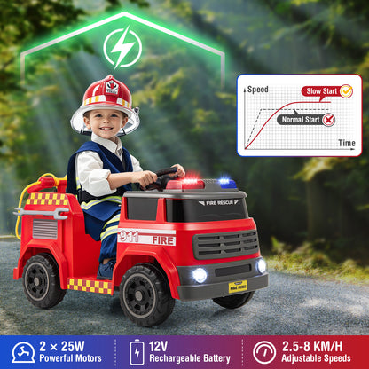 Red 12V Kids Ride On Fire Truck | Remote Control & Water Gun