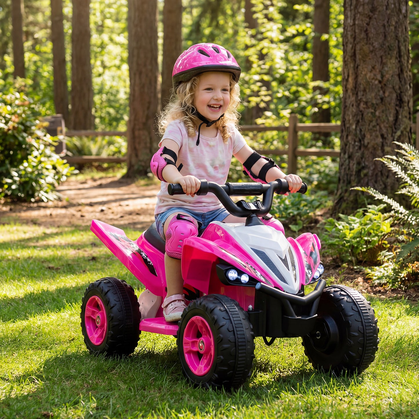 Costway 12V 4-Wheeler Quad Electric Vehicle with LED Lights and Music for Boys Girls Aged 3+-Pink