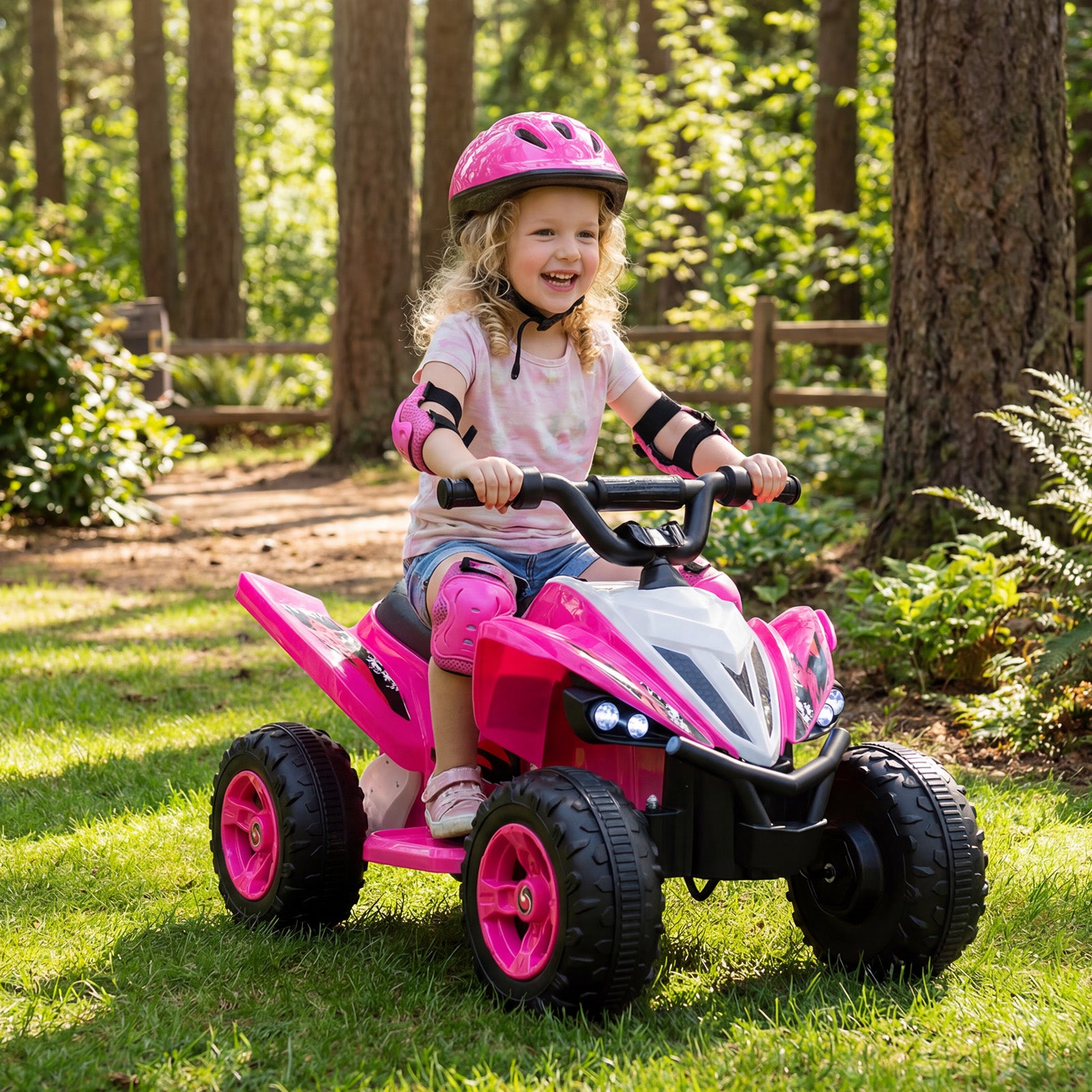 Costway 12V 4-Wheeler Quad Electric Vehicle with LED Lights and Music for Boys Girls Aged 3+-Pink