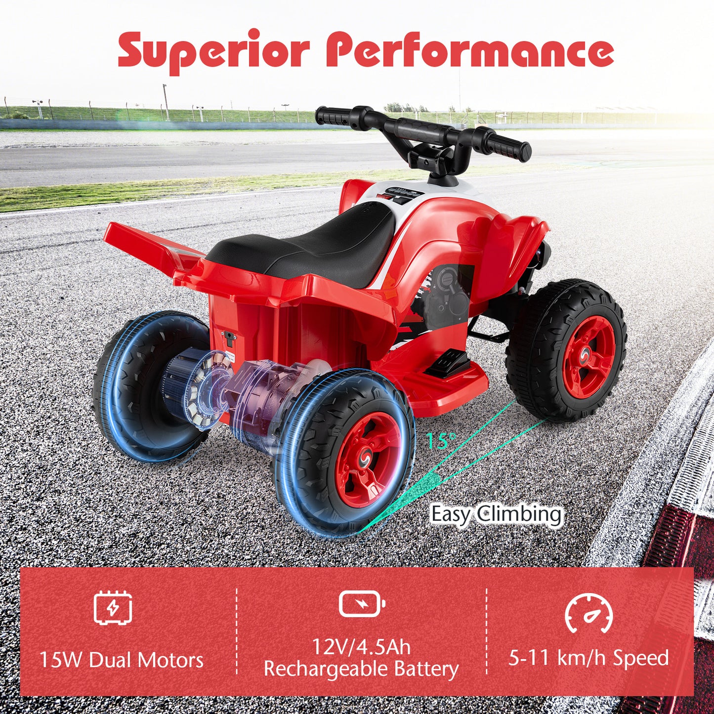 Red 12V Kids Quad ATV | LED Lights Music & Dual Motors