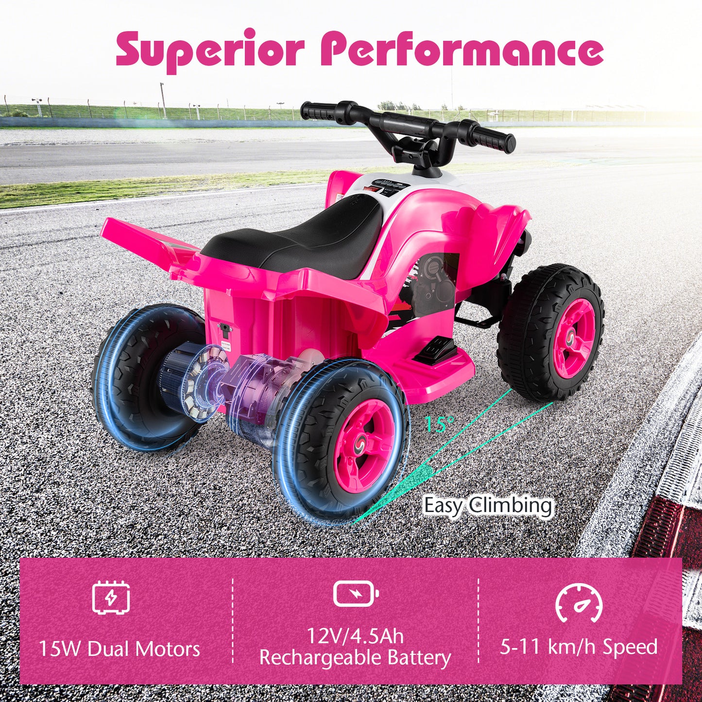 Pink 12V Kids Electric Quad ATV | LED Lights Music & Dual Motors