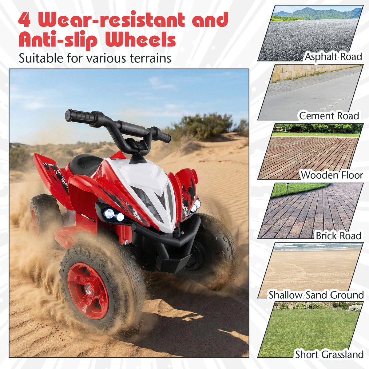 Red 12V Kids Quad ATV | LED Lights Music & Dual Motors