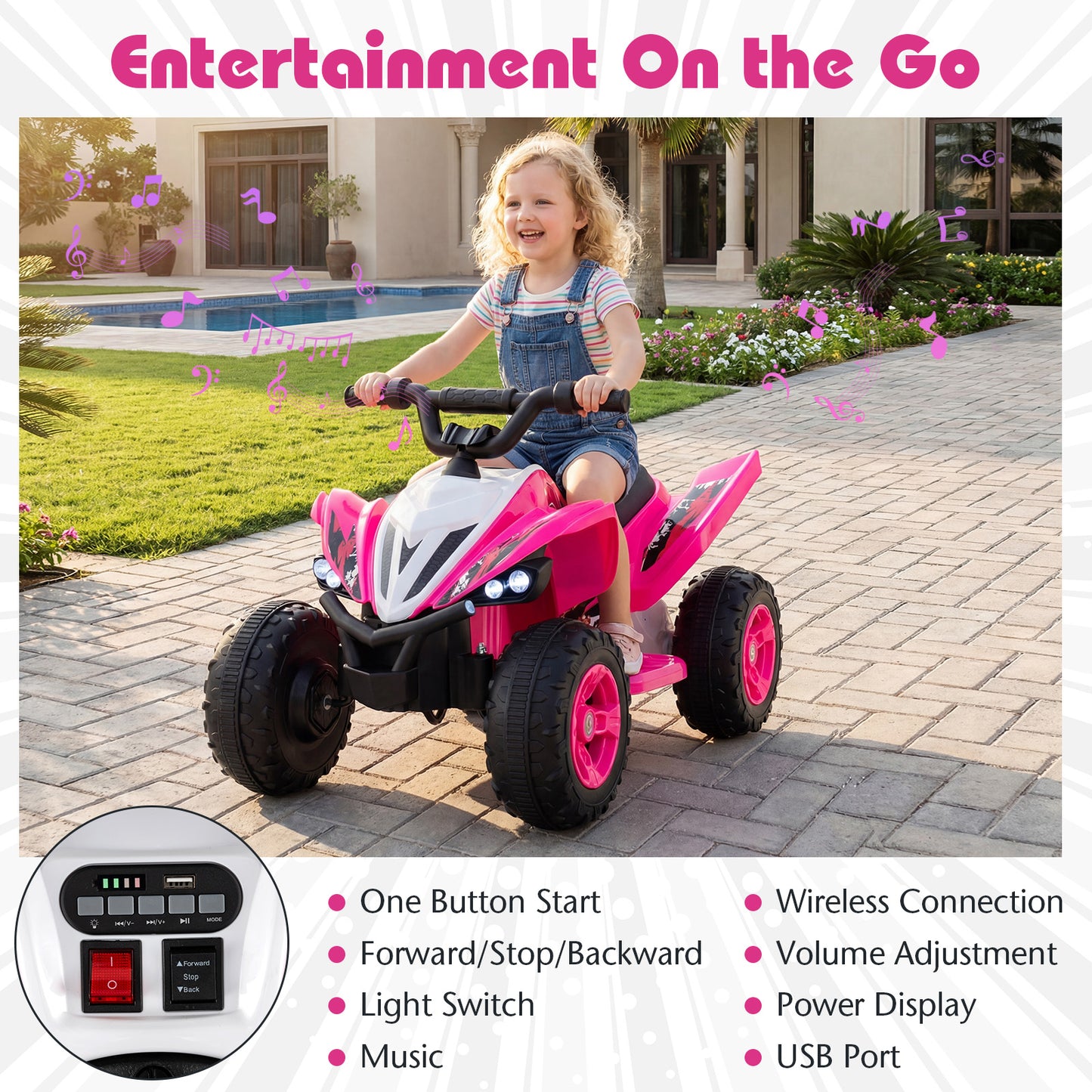 Pink 12V Kids Electric Quad ATV | LED Lights Music & Dual Motors