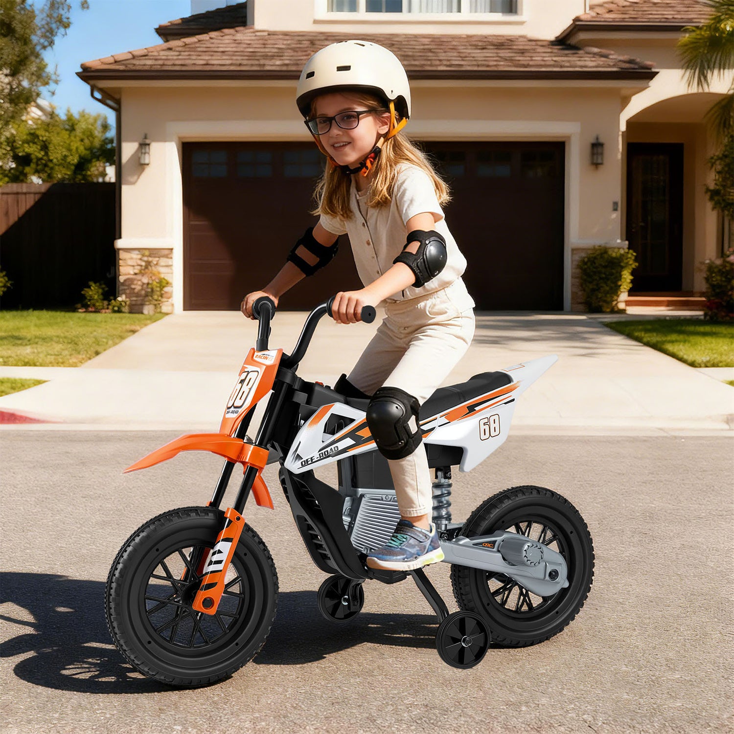 Costway 12V Kids Motorcycle with Training Wheels and Spring Suspension-Orange