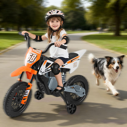 12V Kids Motorcycle Orange | Training Wheels & Suspension