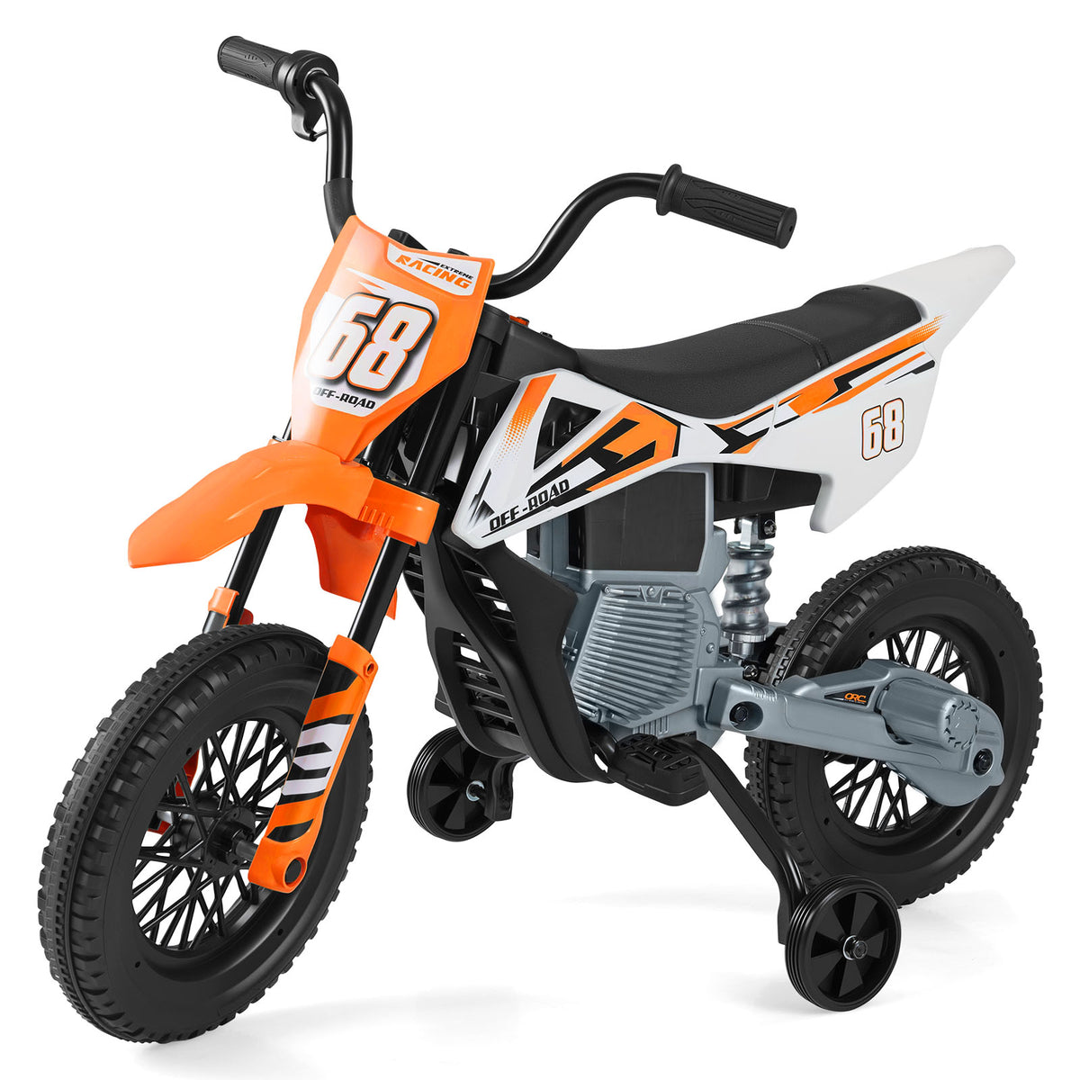 12V Kids Motorcycle Orange | Training Wheels & Suspension