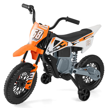12V Kids Motorcycle Orange | Training Wheels & Suspension
