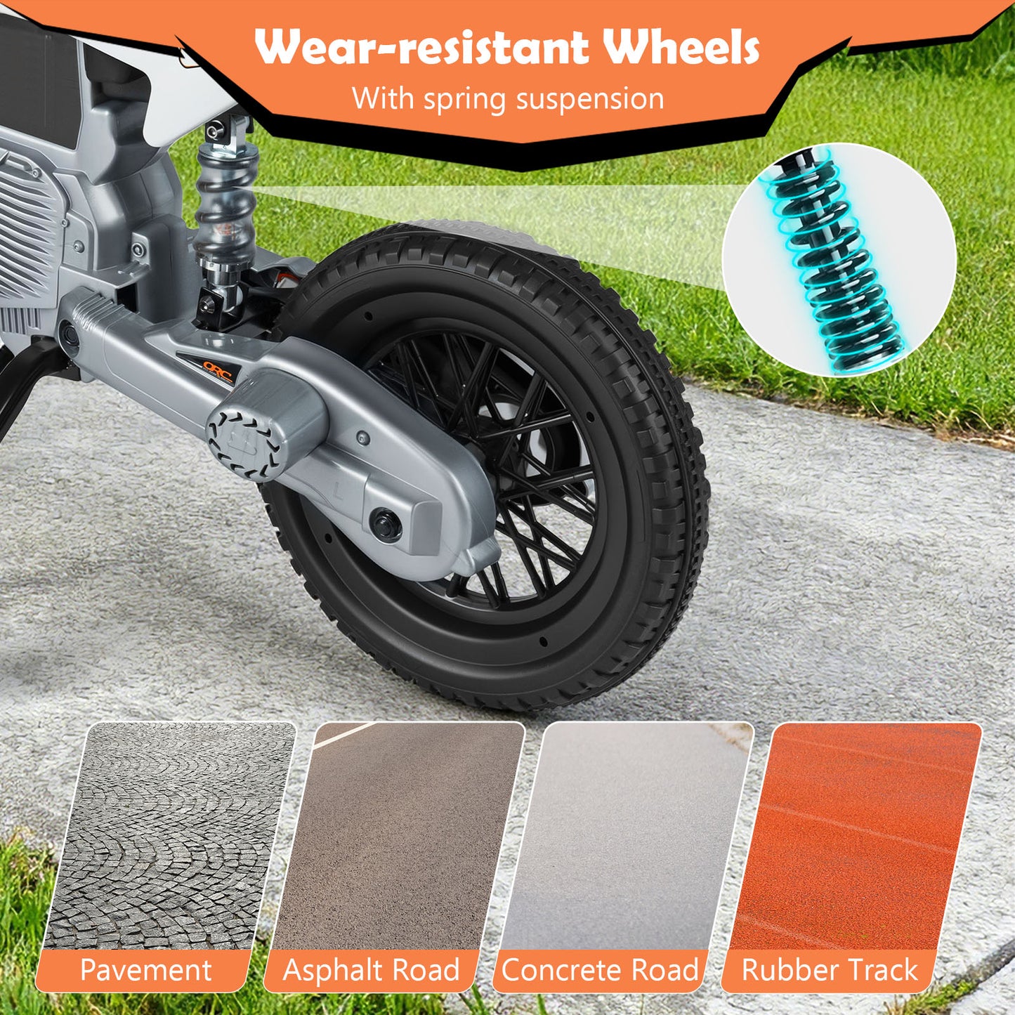 12V Kids Motorcycle Orange | Training Wheels & Suspension
