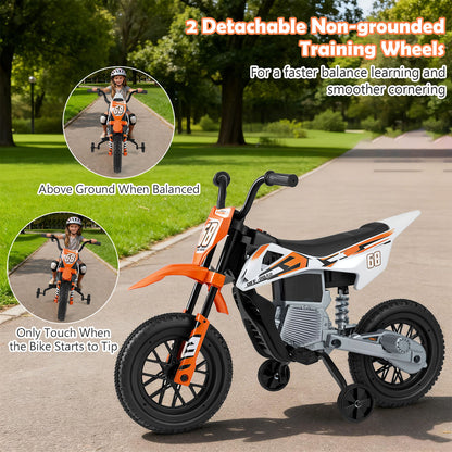 12V Kids Motorcycle Orange | Training Wheels & Suspension