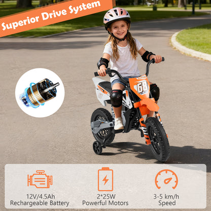 12V Kids Motorcycle Orange | Training Wheels & Suspension