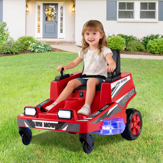 12V Ride on Lawn Mower with Dual Control Sticks ang LED Lights-Red