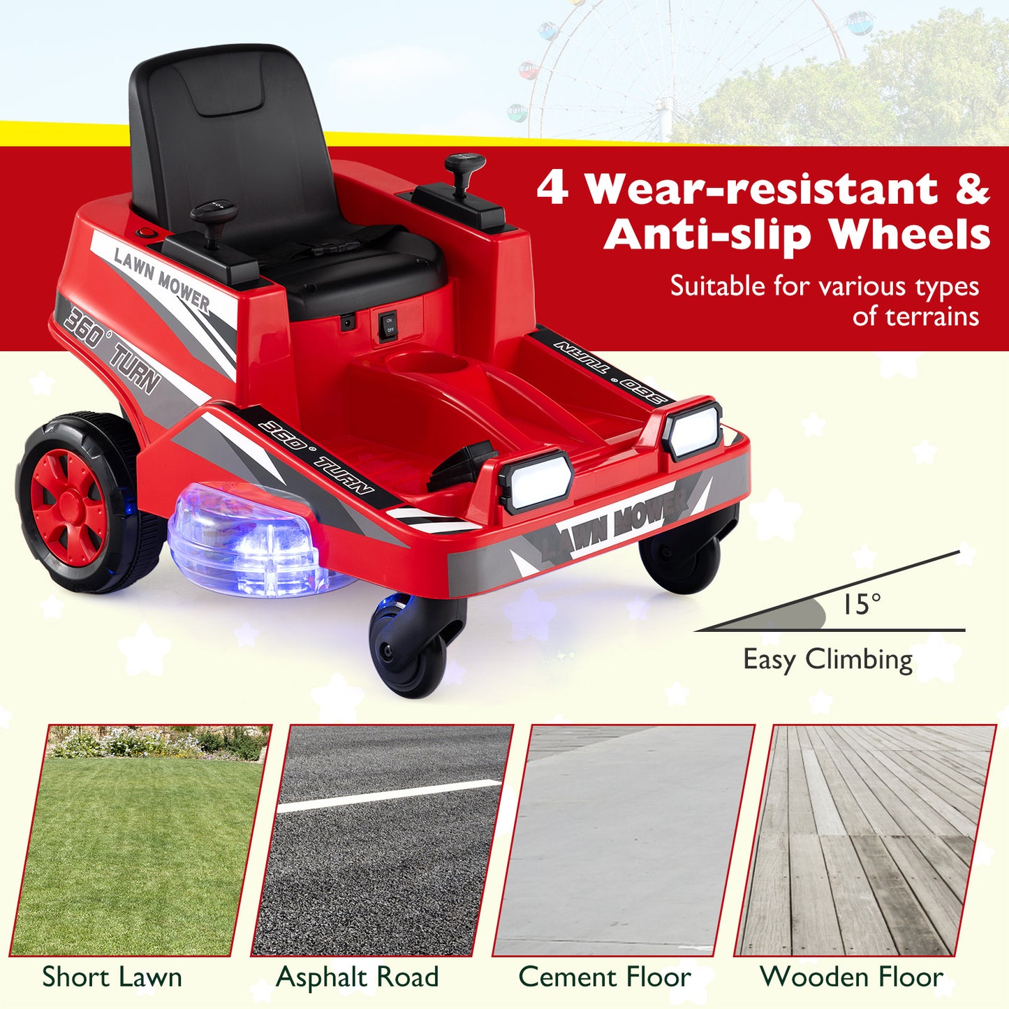12V Ride On Lawn Mower | Dual Control LED Lights Red