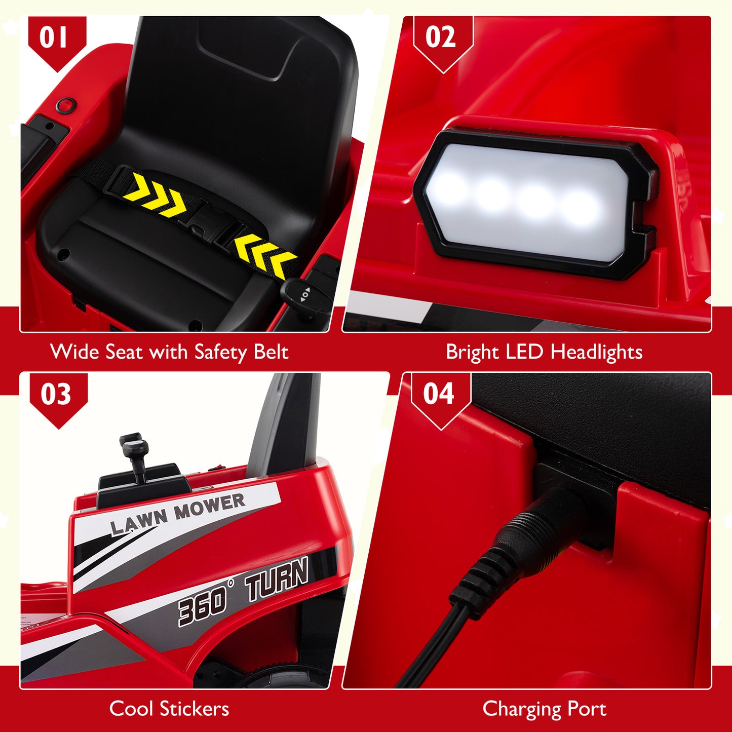 12V Ride On Lawn Mower | Dual Control LED Lights Red