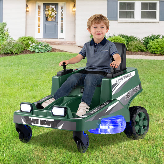 12V Ride on Lawn Mower with Dual Control Sticks ang LED Lights-Green