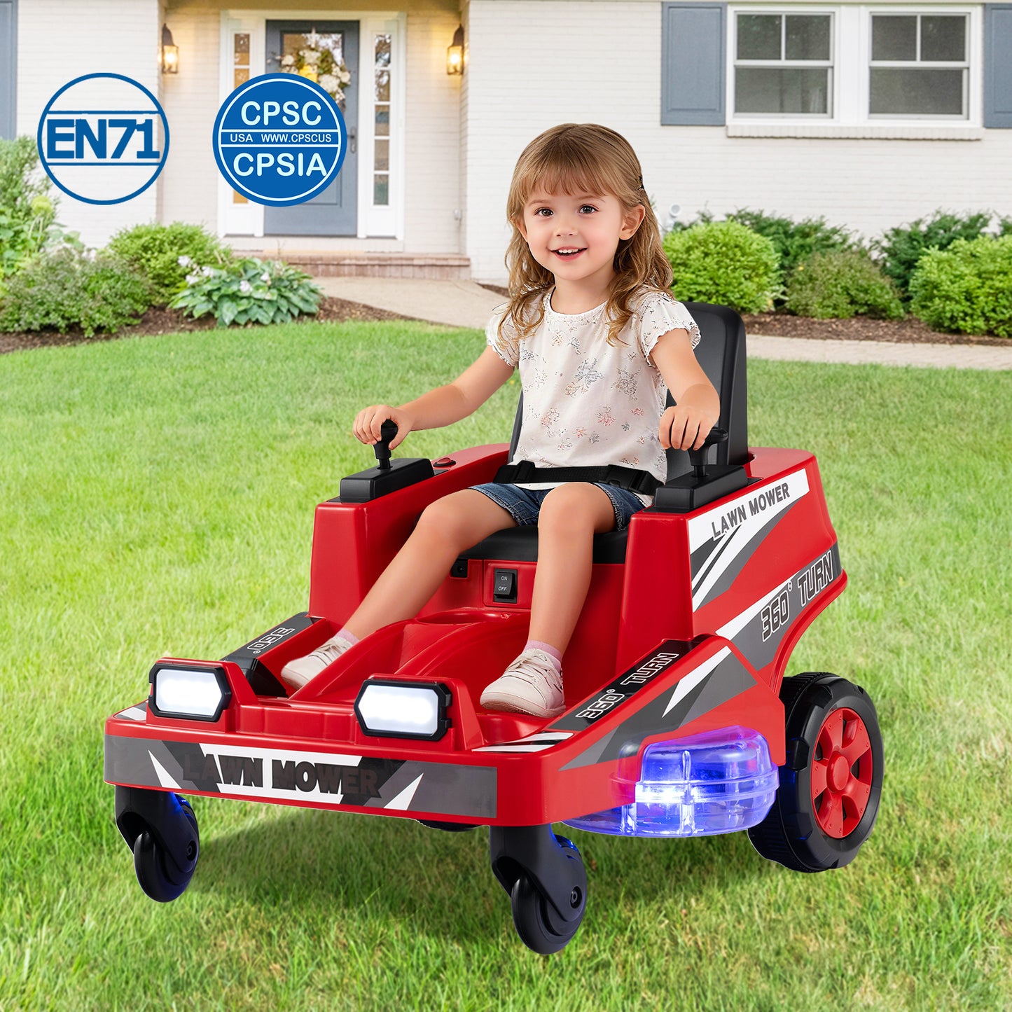 12V Ride On Lawn Mower | Dual Control LED Lights Red