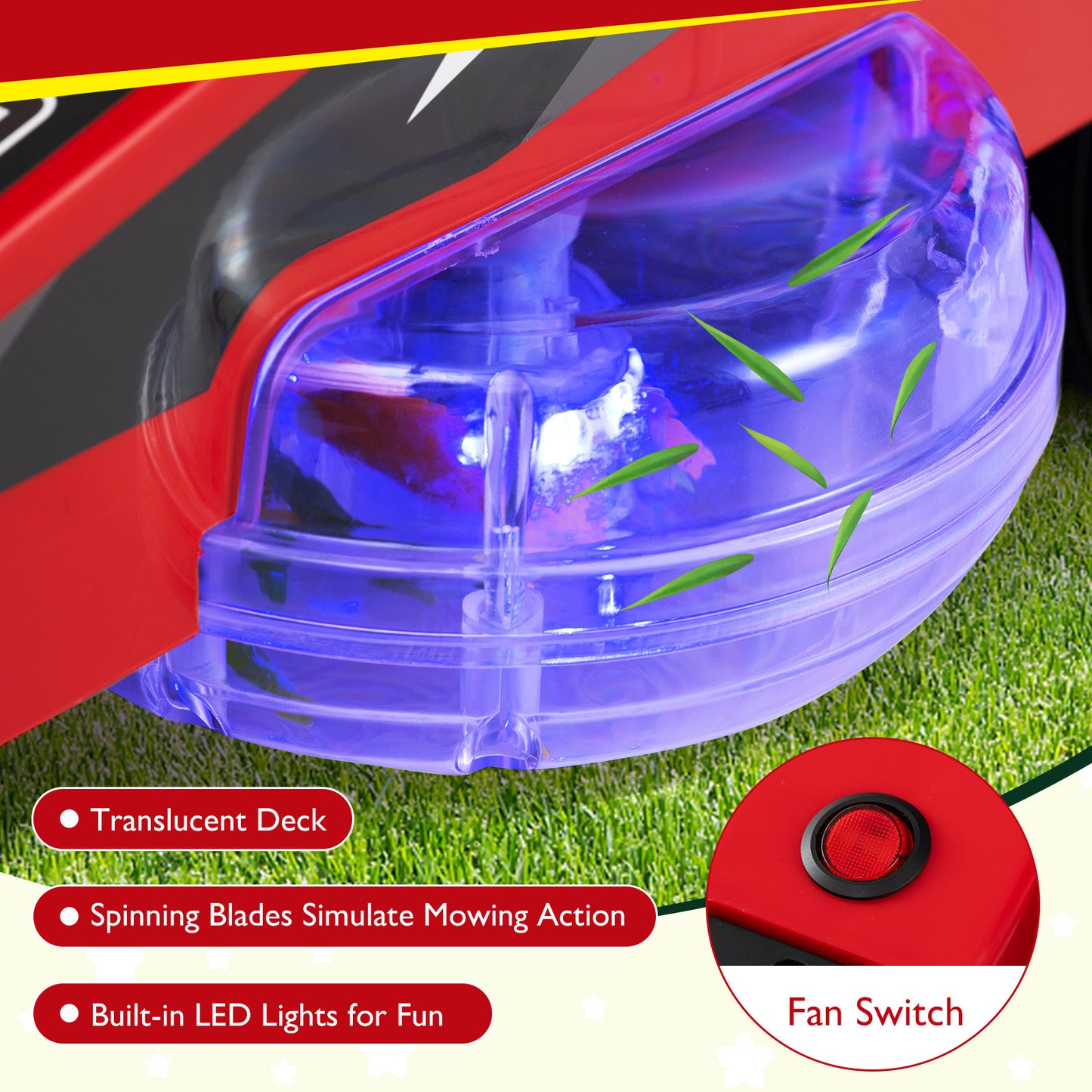 12V Ride On Lawn Mower | Dual Control LED Lights Red